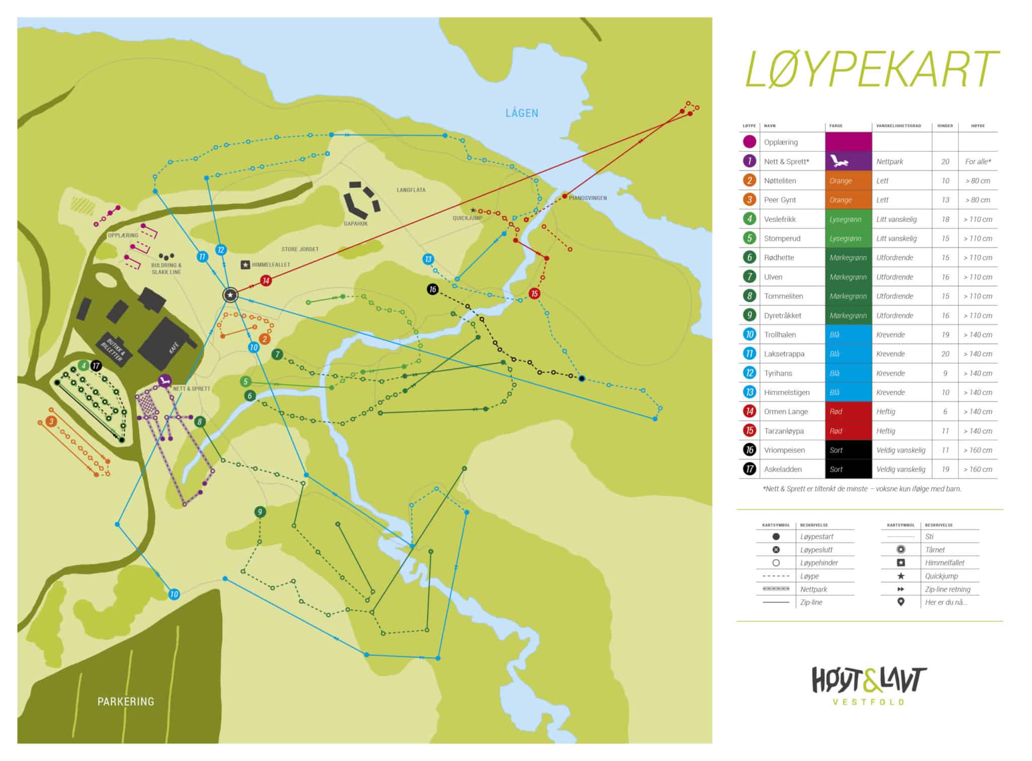 Oversiktskart av klatreløypene i klatreparken Høyt & Lavt Vestfold